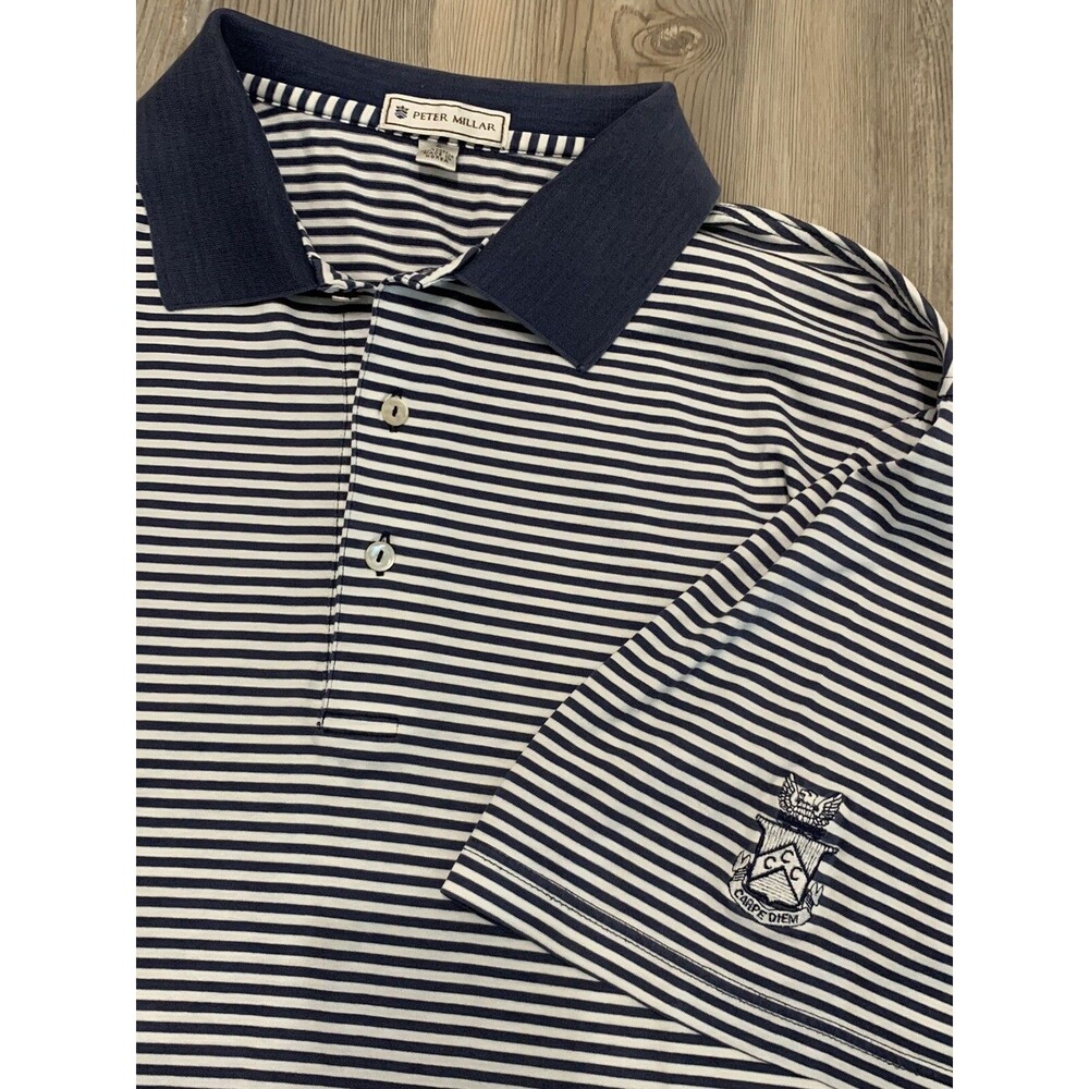 Peter Millar Mens Size L Cotton Golf Polo Blue White Stripe Carpe Diem